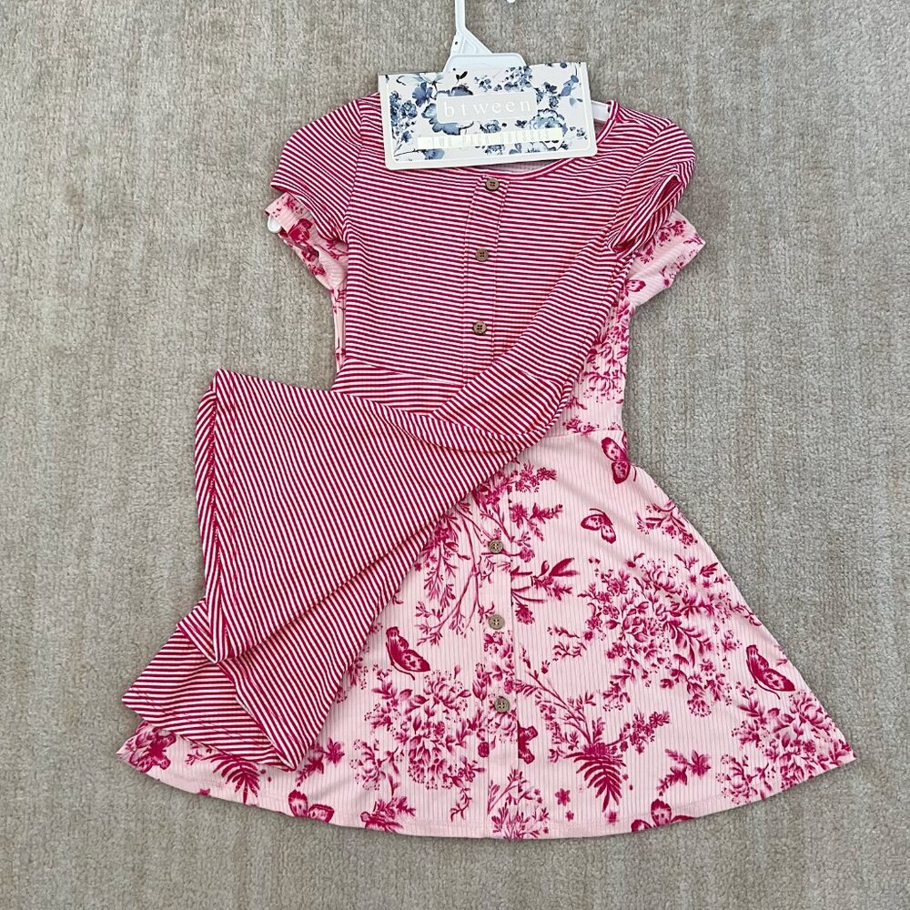NWT btween Girls Ribbed Floral Striped 2 Item Dress Set 6